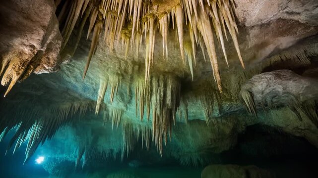 Impresionante vista de estalactitas colgando del techo de una cueva subterr&aacute;nea con agua cristalina y azul turquesa.
