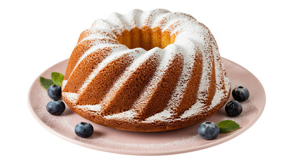 Delicious bundt cake with powdered sugar and fresh blueberries