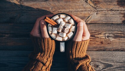 Cozy hands in a knitted sweater holding a warm mug of hot cocoa with marshmallows and cinnamon sticks on a rustic wooden table
