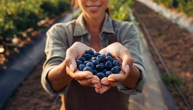 A female farmer holding a handful of freshly harvested organic blueberries - Powered by Adobe