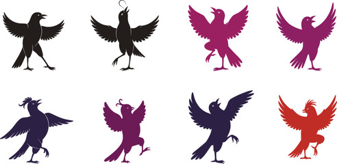 Colorful dancing bird silhouettes collection, elegant flying birds in motion, creative vector art design for decoration and graphic illustration