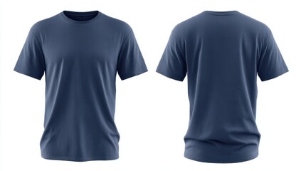 a navy blue t-shirt mockup, front and back view on a white background. high-resolution, professional photograph, sharp focus, studio lighting, stock photography, hdr, high quality