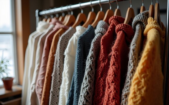 Cozy, second-hand knitted clothes for cold weather, ready for donation to a thrift shop, embracing the hygge style. High quality