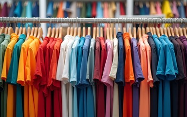 Banner with row of huge numbers of colorful shirts on hangers in second hand store. The concept of cheap shopping, black Friday. High quality