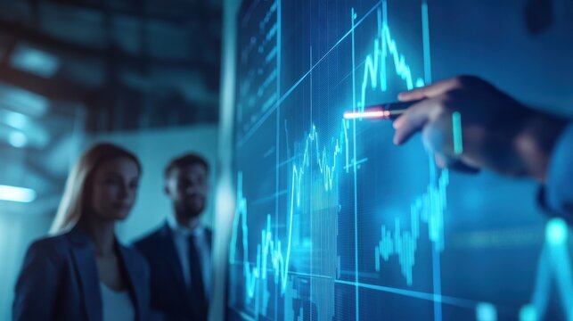 Business team analyzing stock market data on a large digital screen display