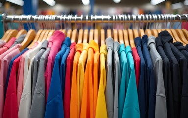 Banner with row of huge numbers of colorful shirts on hangers in second hand store. The concept of cheap shopping, black Friday. High quality