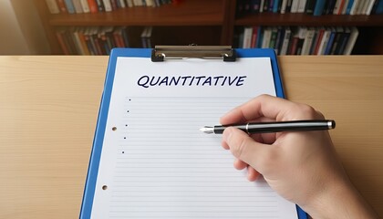 Adult man’s hand writing “QUANTITATIVE” checklist on a white paper clipped to blue clipboard