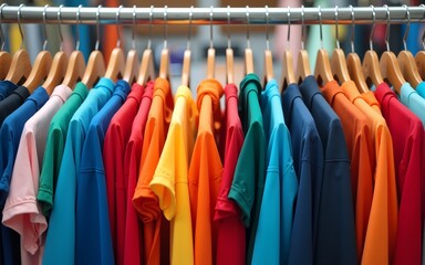 Banner with row of huge numbers of colorful shirts on hangers in second hand store. The concept of cheap shopping, black Friday. High quality