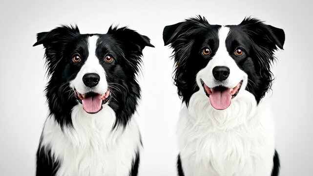Two Border Collies looking straight ahead. Their black and white fur, and warm eyes
