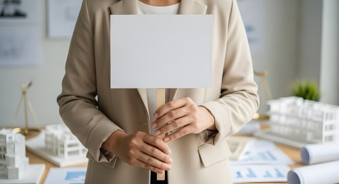 Architect or Consultant in Blazer Holding Blank Picket Sign Near Building Models