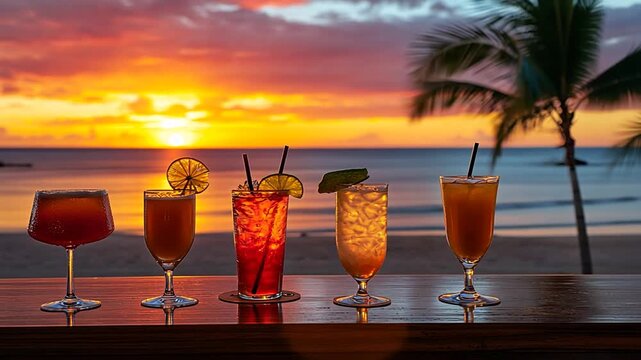 Five vibrant alcoholic cocktails with perfect arrangement on wooden bar counter against stunning tropical beach sunset for relaxing summer vibe vacation mood exotic drink presentation concept