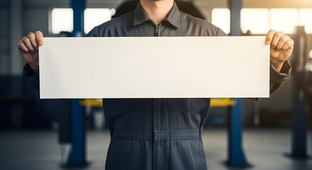 Mechanic or Technician in Overalls Holding Wide Horizontal Blank Sign in Garage