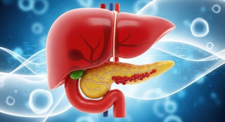 Detailed 3d rendering of human liver and pancreas with bubbles and energy waves background illustration
