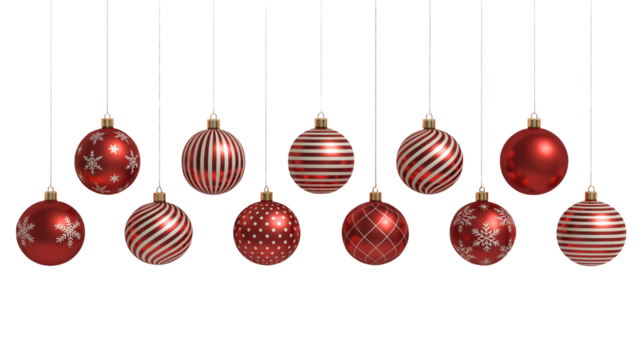 Festive red Christmas ornaments hanging for holiday celebrations