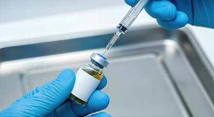 Hands wearing blue gloves hold a syringe above a vial, preparing for a medical procedure, highlighting the importance of vaccinations and health awareness in modern healthcare