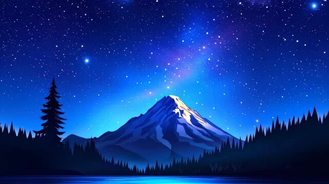 A serene night scene with a mountain under a starry night sky. The silhouette of trees and water completes the landscape