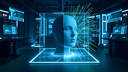 Futuristic AI Head Hologram | Advanced Artificial Intelligence Tech | Sci-Fi Neural Network Visualization