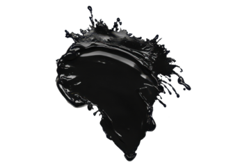 Black liquid splash with droplets suspended in midair, reflecting on the surface below, PNG, isolated on transparent background.