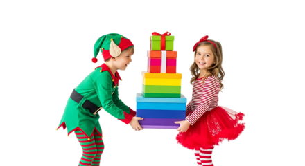 Two happy children with Christmas gifts a boy dressed as an elf and a girl in a red tutu isolated on white transparent background