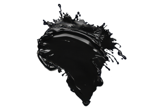 Black liquid splash with droplets suspended in midair, reflecting on the surface below, PNG, isolated on transparent background. - Powered by Adobe
