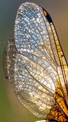 Close-up of a delicate insect wing, showing intricate structure and light