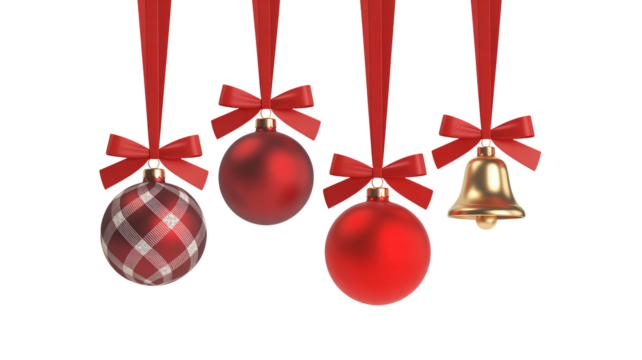 Festive Christmas ornaments with red ribbons for holiday decoration