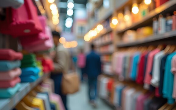 Blurred view of colorful second-hand items for sale at a local charity shop. High quality