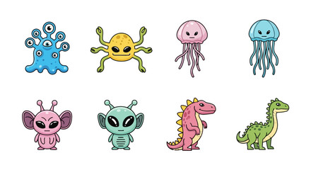 Collection of cute and friendly cartoon monsters, aliens, dinosaurs, and jellyfish for children's illustrations and designs