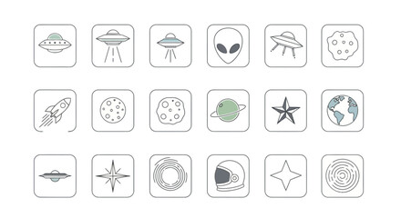 Space and science fiction thin line icon collection featuring UFOs, aliens, planets, rockets, and astronauts for cosmic design projects
