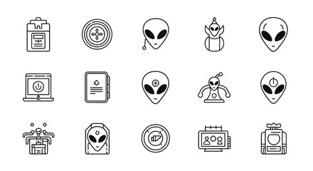 Collection of alien and UFO icons, featuring spaceships, otherworldly beings, and extraterrestrial symbols for futuristic themes