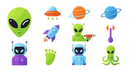 Extraterrestrial Icons Colorful Alien and Spacecraft Vector Set
