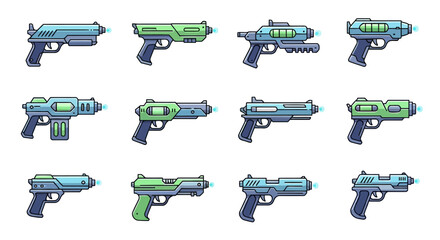 Collection of futuristic laser and plasma sci-fi handgun weapon illustrations