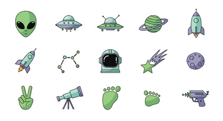 A whimsical collection of cosmic delights Alien, UFO, and astronaut icons