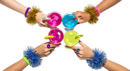 Four women toasting colorful cocktails celebrating with vibrant drinks perfect for summer parties and festive occasions transparent backgrou