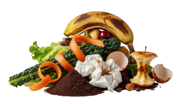 Organic Food Scraps Compost Pile With Banana Peel Eggshells and Vegetable Leaves on Transparent Background