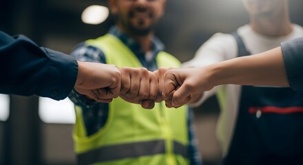 Group of Industrial Workers Giving Fist Bump for Teamwork, Partnership and Success Concept