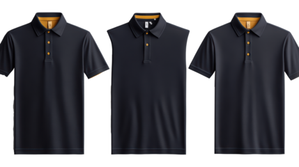 Black slim fit polo tee shirt mockup with collar PNG, isolated on transparent background.