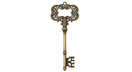 Ornate Antique Brass Skeleton Key With Intricate Scrollwork Design On Transparent Background