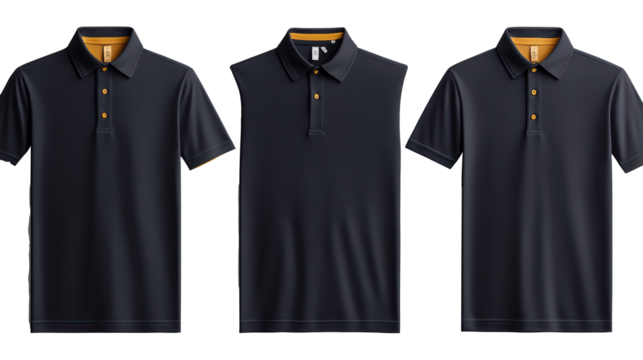 Black slim fit polo tee shirt mockup with collar PNG, isolated on transparent background.