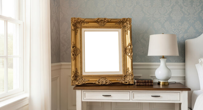 Ornate Gold Framed Mirror on White Distressed Table Beside Bed with Blue Damask Wallpaper
