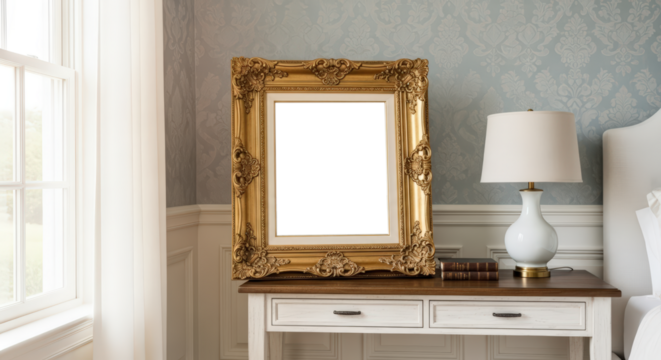 Ornate Gold Framed Mirror on White Distressed Table Beside Bed with Blue Damask Wallpaper