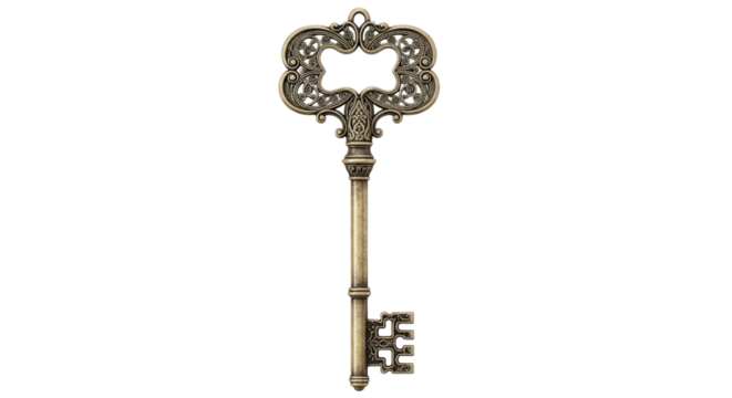 Ornate Antique Brass Skeleton Key With Intricate Scrollwork Design On Transparent Background
