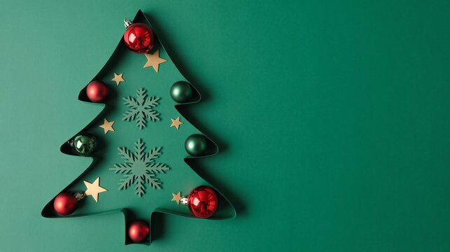 Elegant Christmas tree with ornaments against festive green backdrop