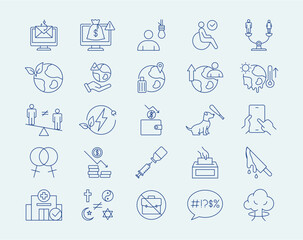 Social issues problems icon set. Simple vector illustration in modern thin line style. Vector illustration.