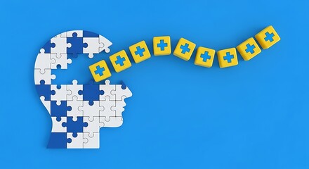 Puzzle head with plus sign cubes on a blue background represents health