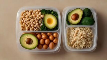 Healthy meal prep boxes with avocado chickpeas and broccoli clean eating lifestyle concept