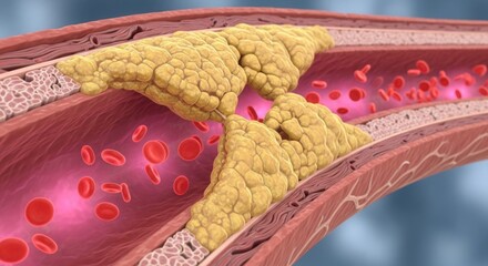 Close-up view of artery wall showing buildup of atherosclerotic plaque and red blood cells flow illustration