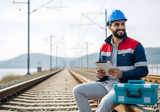 Smiling Railway Engineer with Tablet and Toolbox Sitting on Tracks, Infrastructure Work