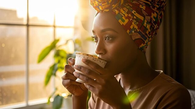 A woman, wearing a patterned head wrap, enjoys a drink, near a sunlit window. The shot focuses on her face and teacup