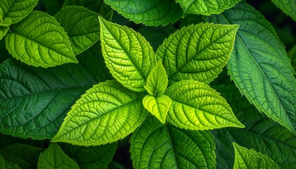 Close-up of vibrant, textured green leaves in a lush, natural setting